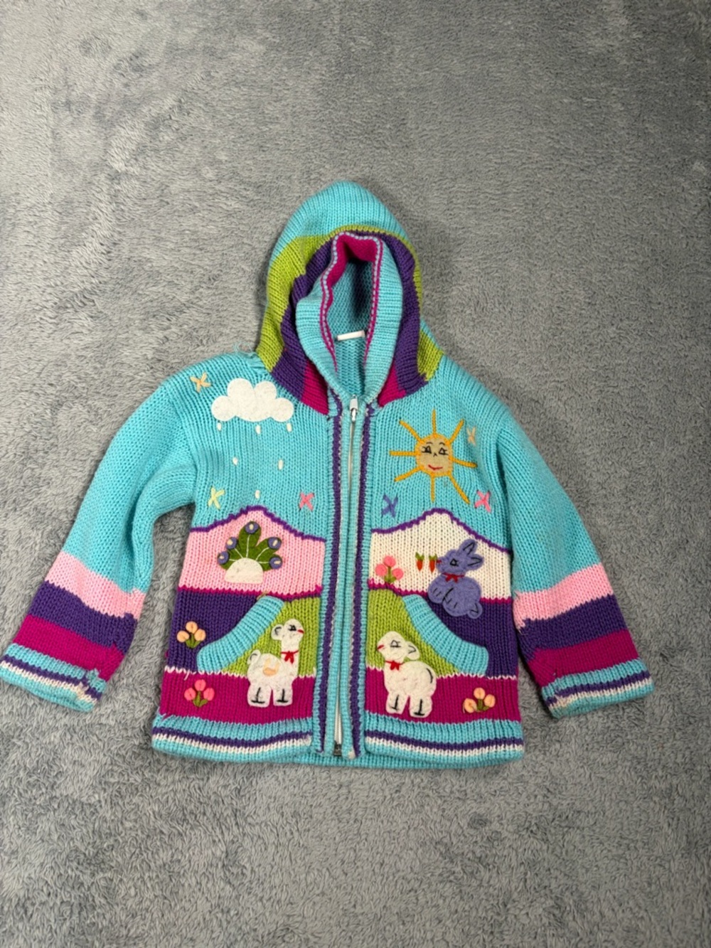 Peruvian Handmade Kids Hooded Zip Cardigan aqua animals 0